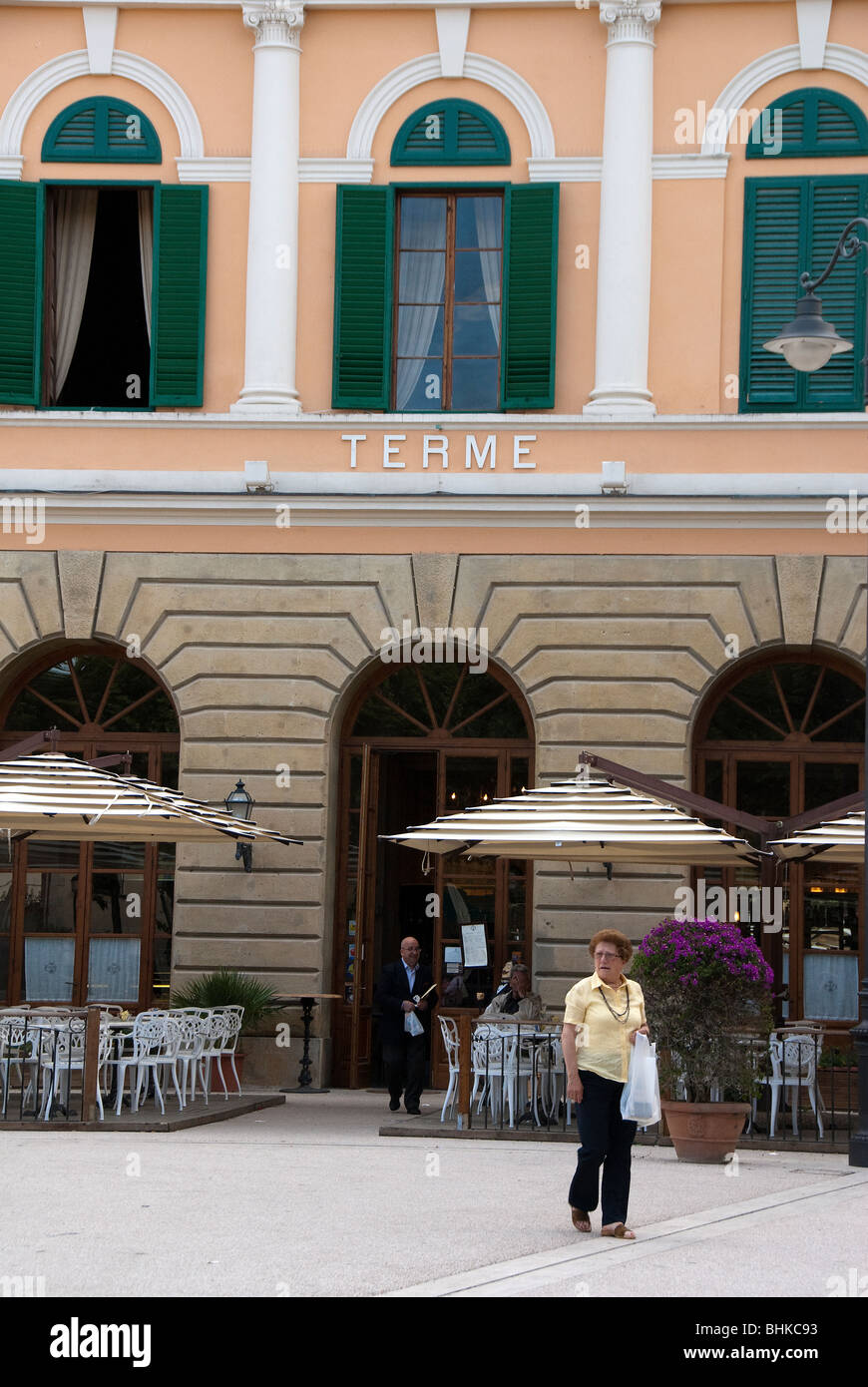 Front view of the Spa or Terme in the spa town of Casciana Terme Tuscany Italy, with a view of  the bar awnings Stock Photo