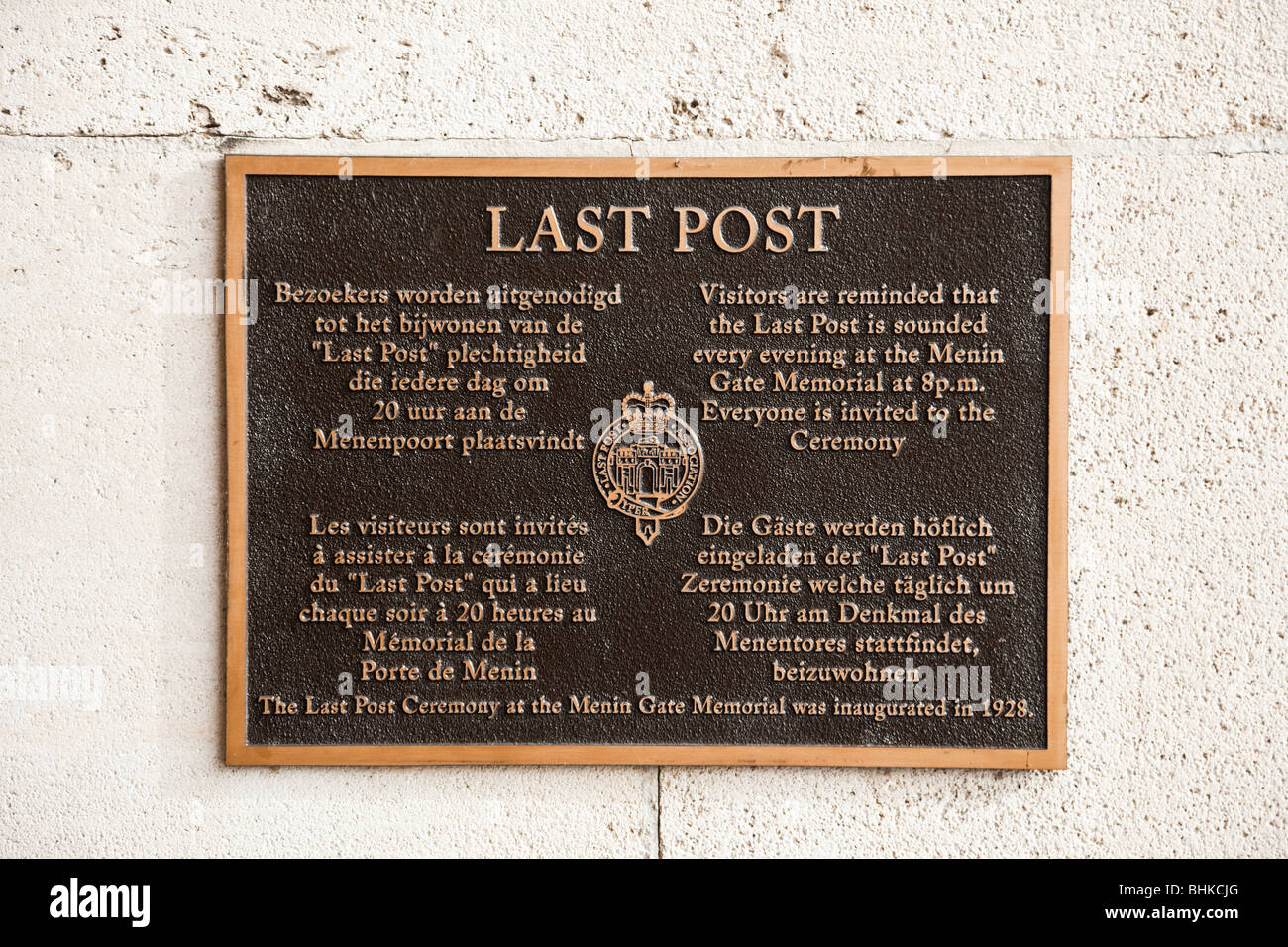 Last Post information plaque at the Menin Gate, Ypres, Belgium, Europe Stock Photo