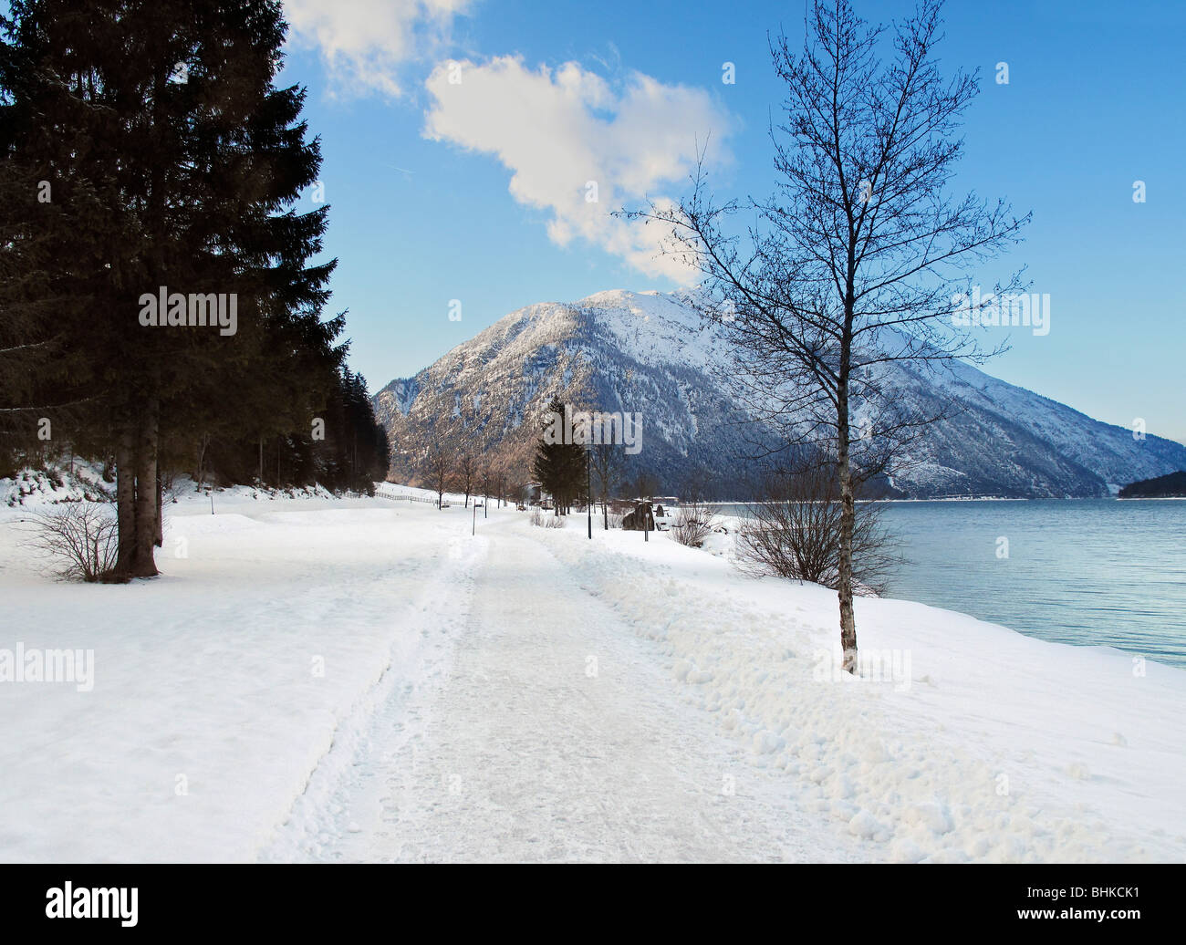 Lakefront path between Maurach and Pertisau, Lake Achensee, Tyrol, Austria Stock Photo