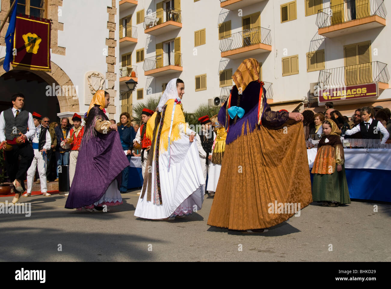 Women in traditional costume performing folklore dances, Ibiza, Spain. Stock Photo