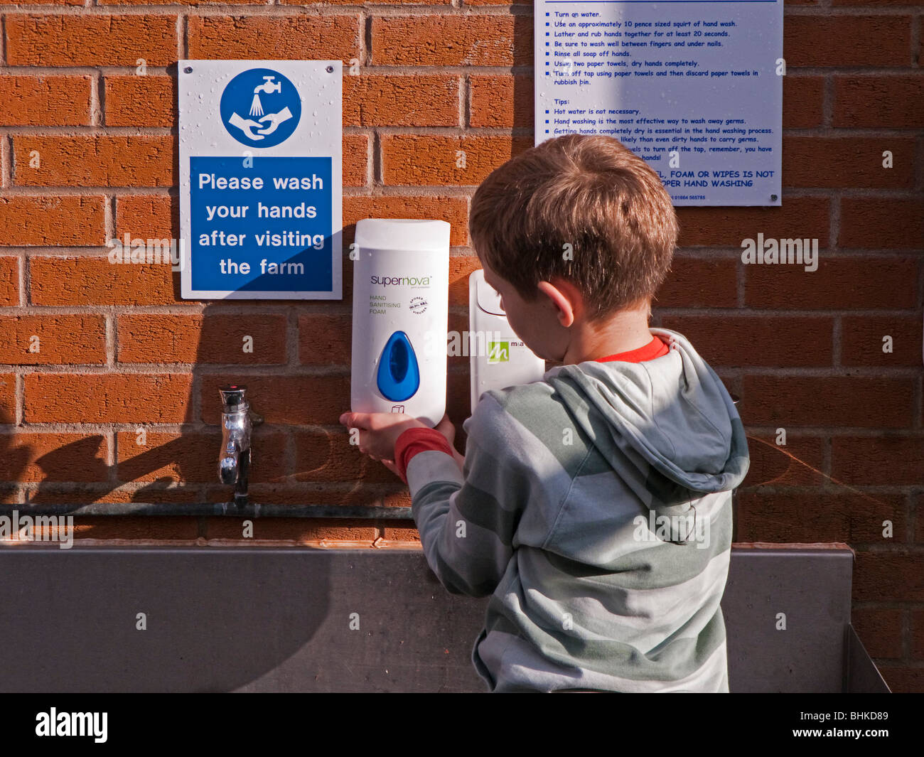 Boy washing hands after farm visit Stock Photo