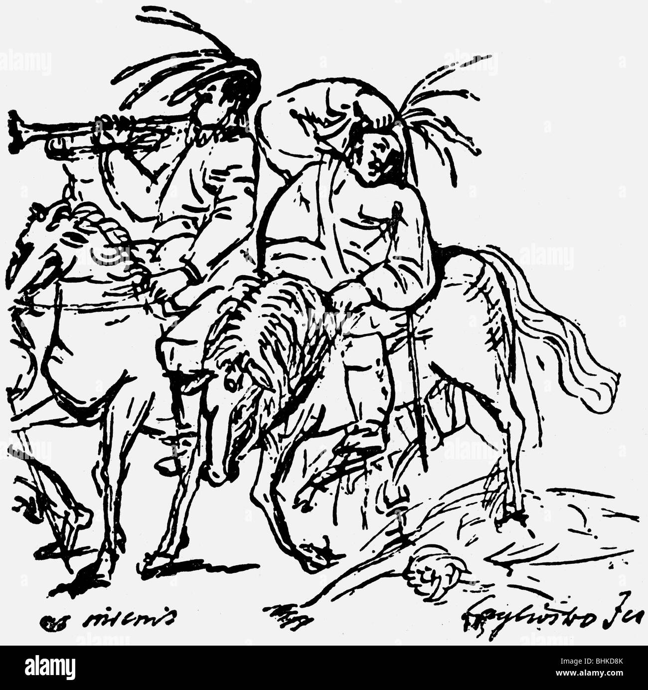 Hoffmann, E. T. A., 24.1.1776 - 25.6.1822, German author / writer, drawing, two horsemen, selfportrait, Berlin, circa 1820,  , Stock Photo