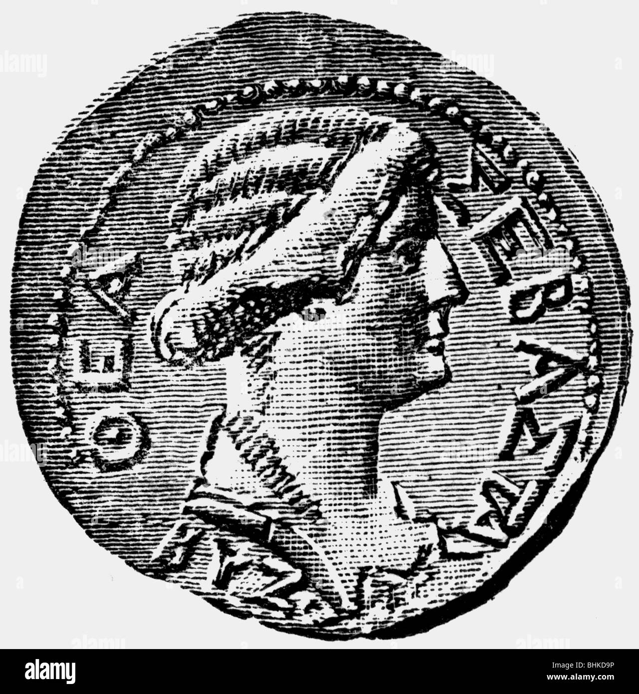 Livia Drusilla (Iulia Augusta), 30.1.58 BC - 29 AD, Roman Empress, portrait, Greek gold coin, 1st century AD, wood engraving, 19th century, , Stock Photo