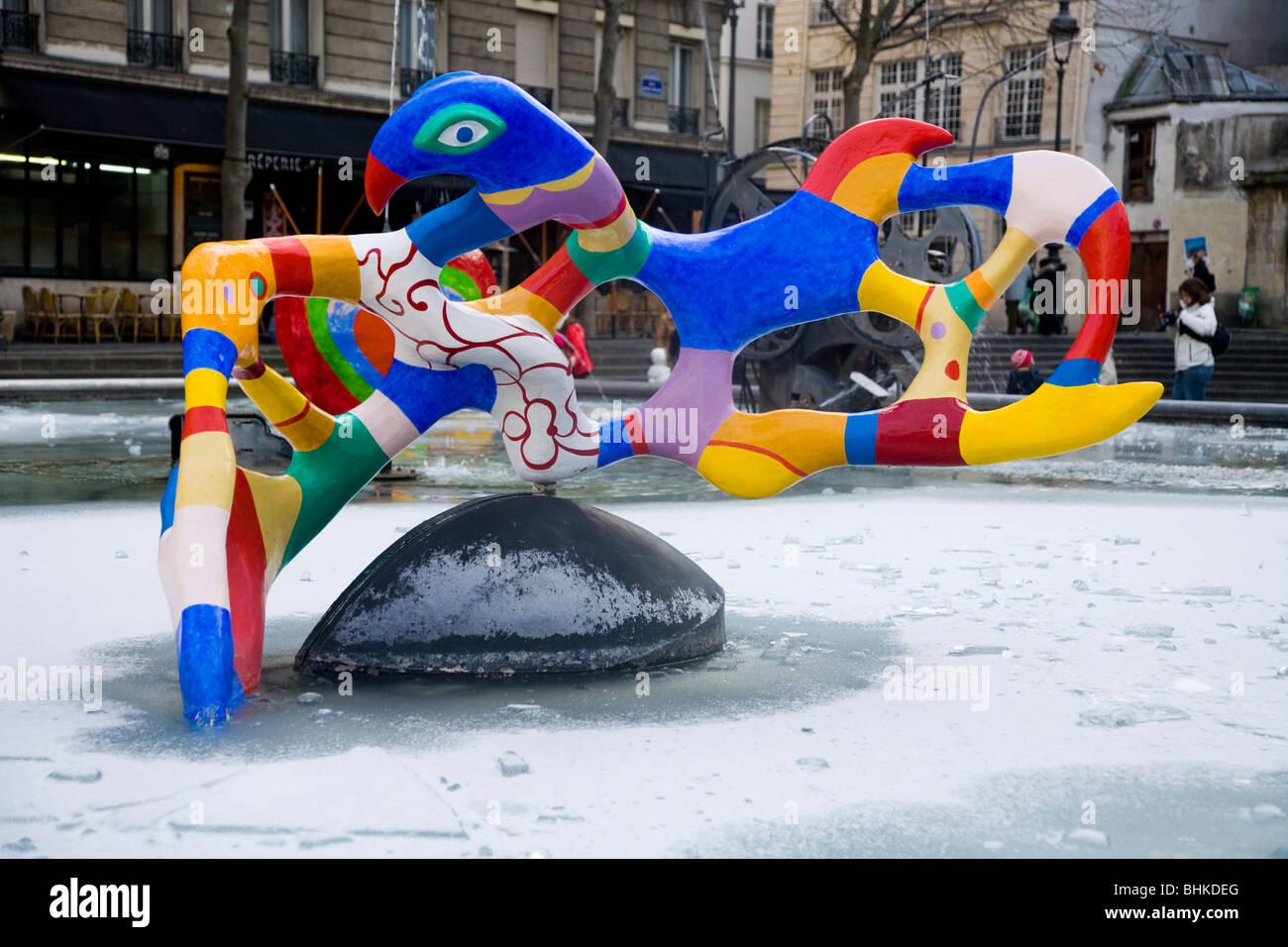 Exhibit of modern art / sculpture outside – in the pond / pools – at he Pompidou museum / centre in cold winter weather. Paris. Stock Photo