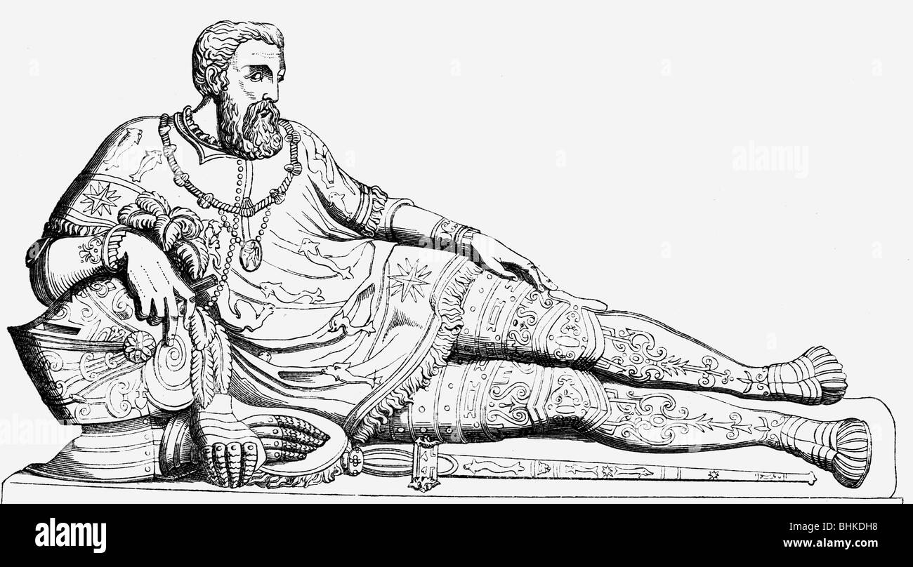 Chabot, Philippe de, 1492 - 1.6.1543, French admiral, full length, tomb sculputre by Jean Cousin, 16th century, church des Celestins, Paris, wood engraving, 19th century, , Stock Photo