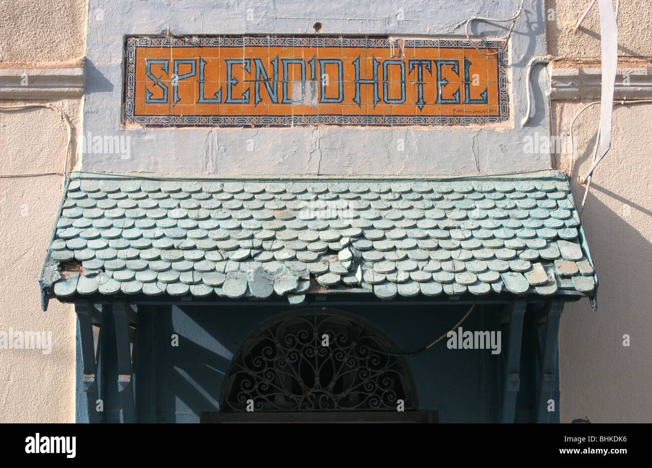Entrance to the dilapidated Splendid Hotel, Tozeur, Tunisia. Stock Photo