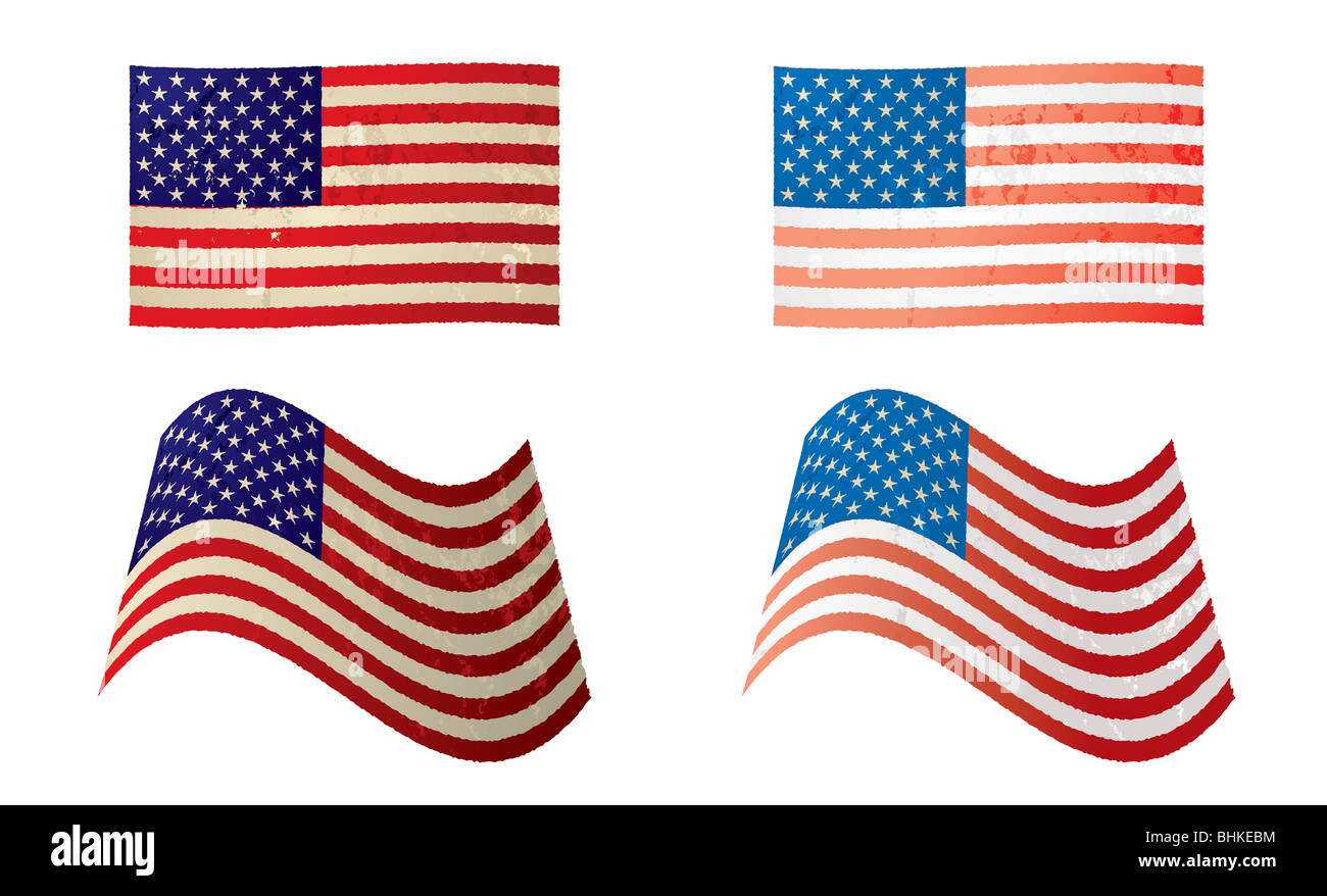 Two Old Grunge American Flags With Stars And Stripes In Red White