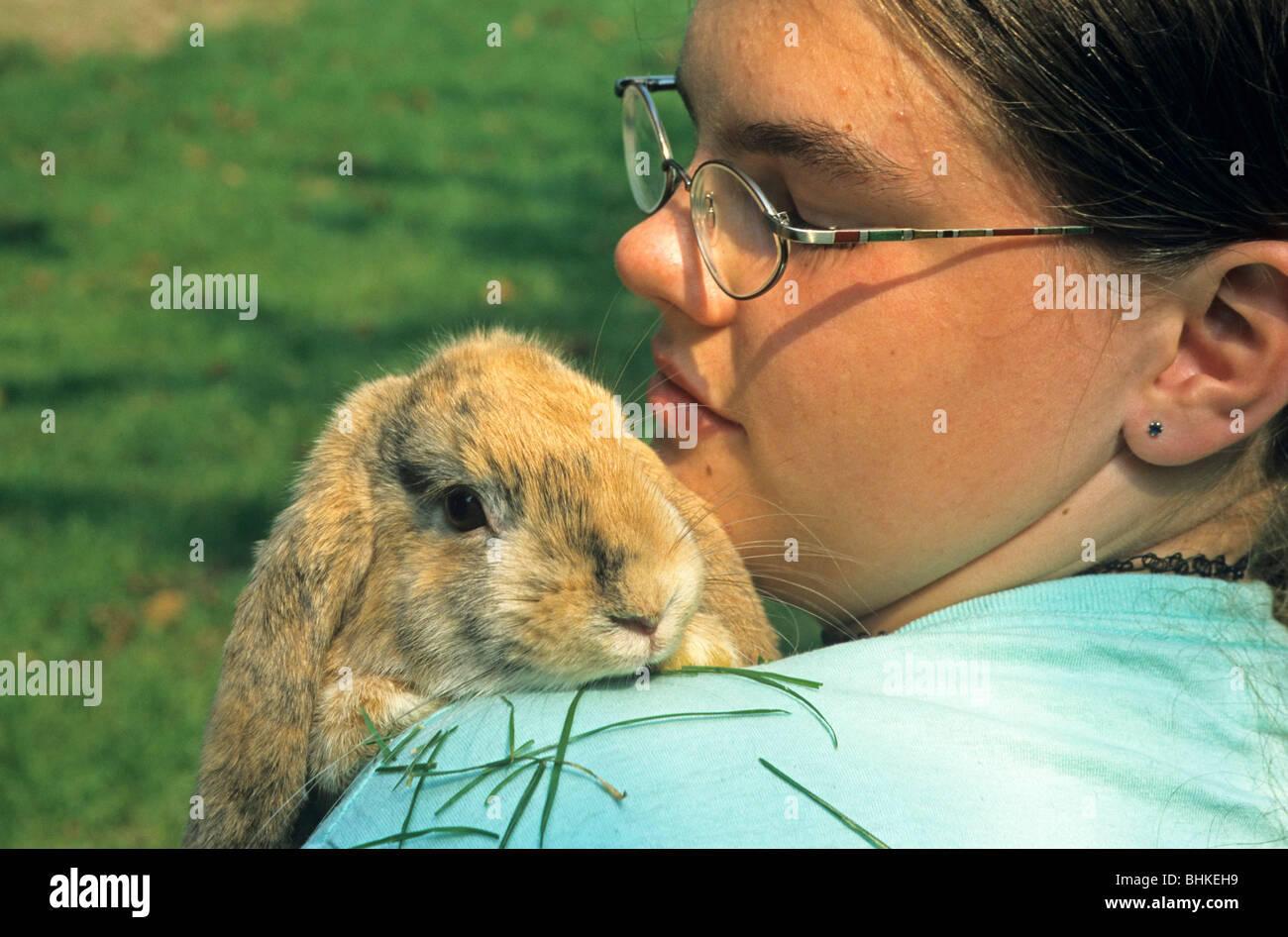 rabbit being carried around on a girl´s shoulder Stock Photo - Alamy