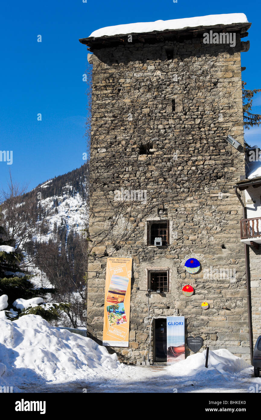 Tour Malluquin in the centre of the resort, Courmayeur, Aosta Valley,Italy Stock Photo