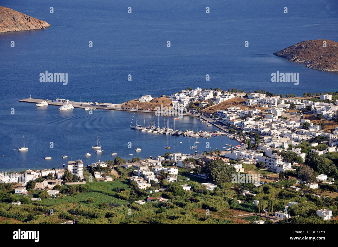 View of Livadi port from the top of Chora (main town), Serifos island, Greece Stock Photo