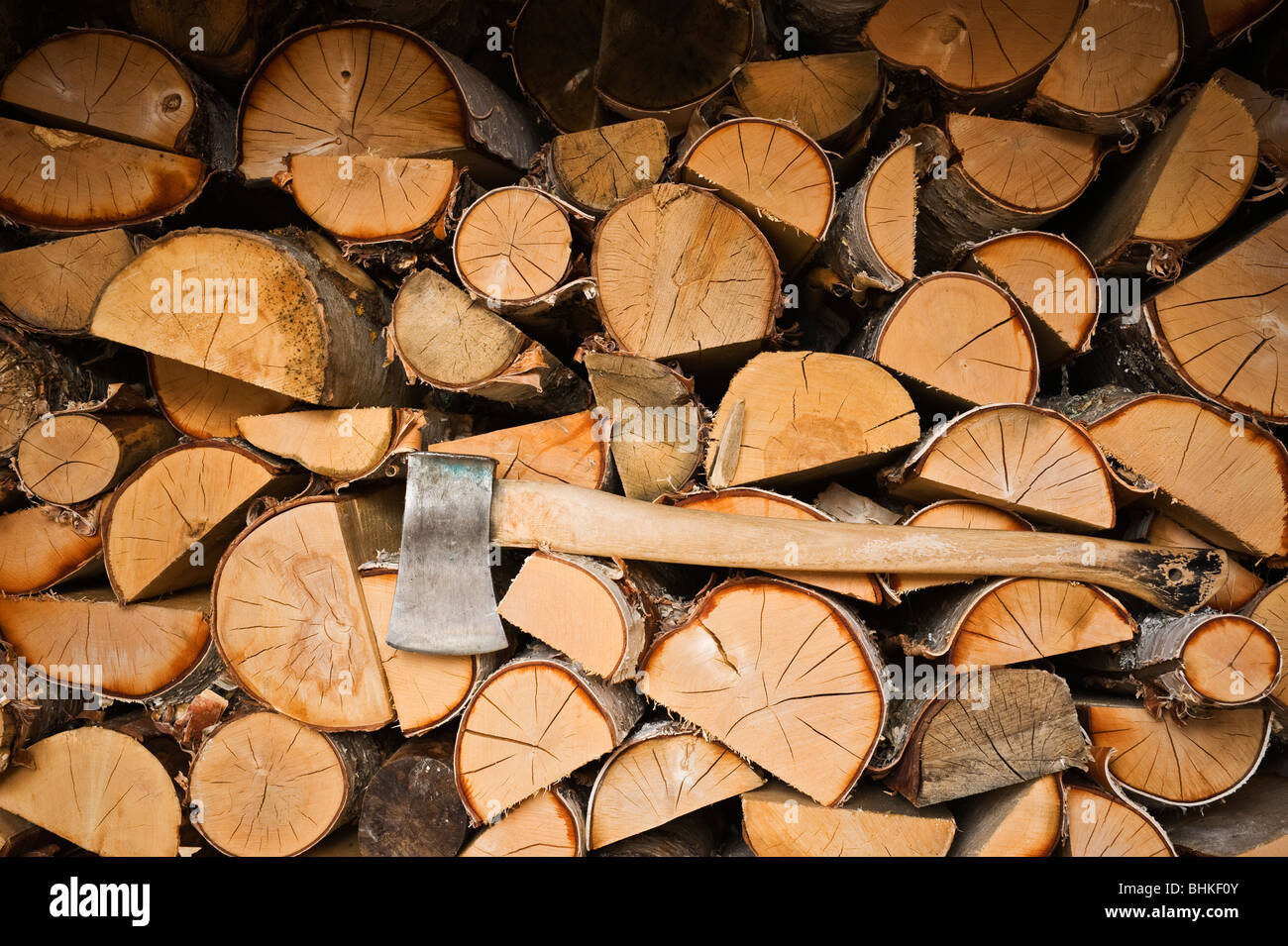 Axe and wood in Shed at hut, Kungsleden trail, Lapland, Sweden Stock Photo