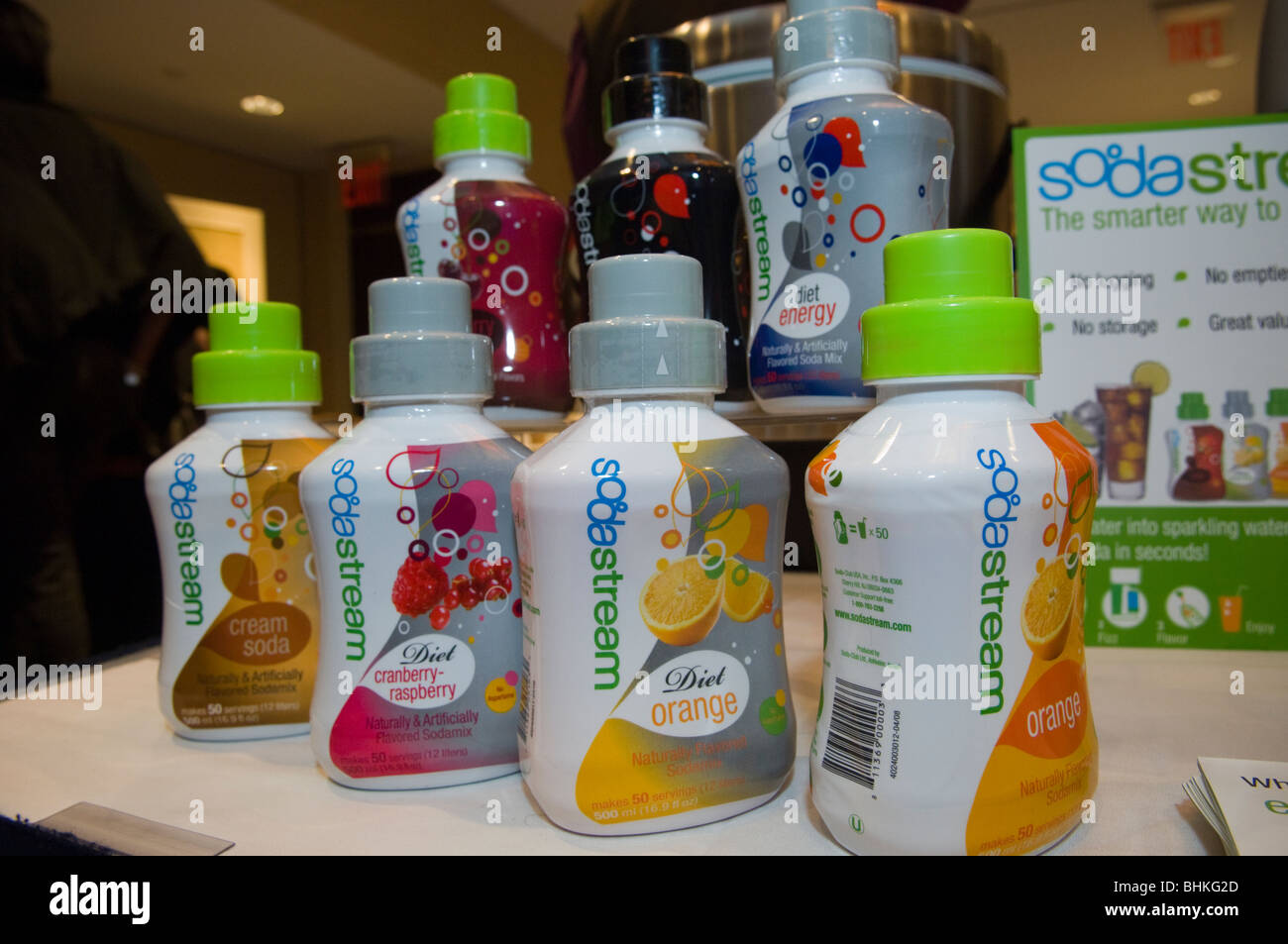 Bottles of SodaStream flavors for their home soda maker at the 2010 Green Products Expo in New York Stock Photo