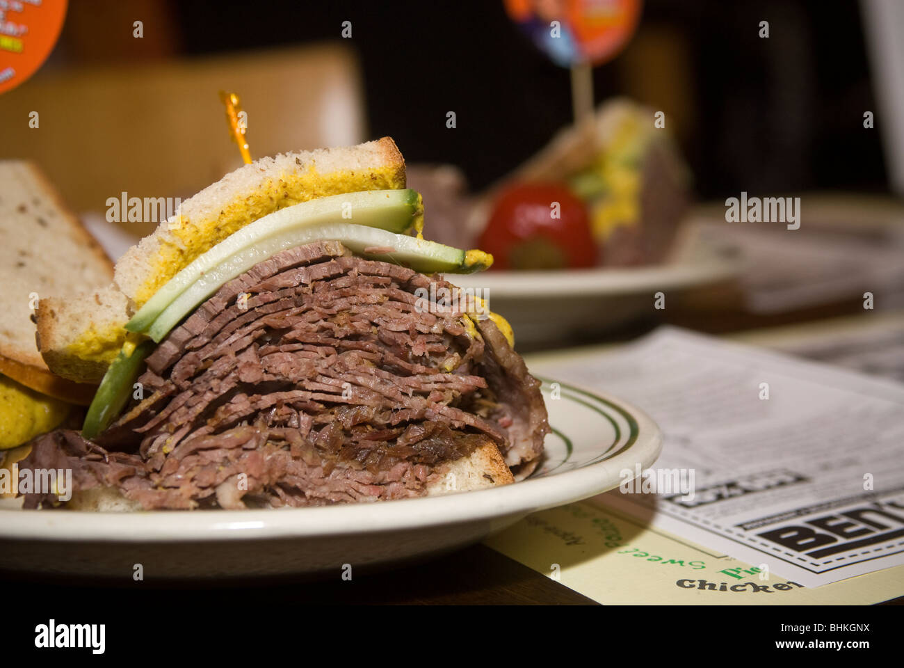 A sliced brisket, chopped liver, pickle, cole slaw on rye sandwich at Ben's Deli in New York