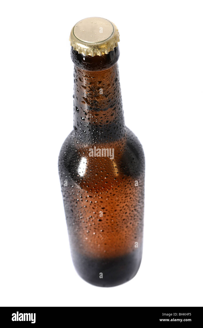 Cold beer bottle in view from above - Selective focus Stock Photo