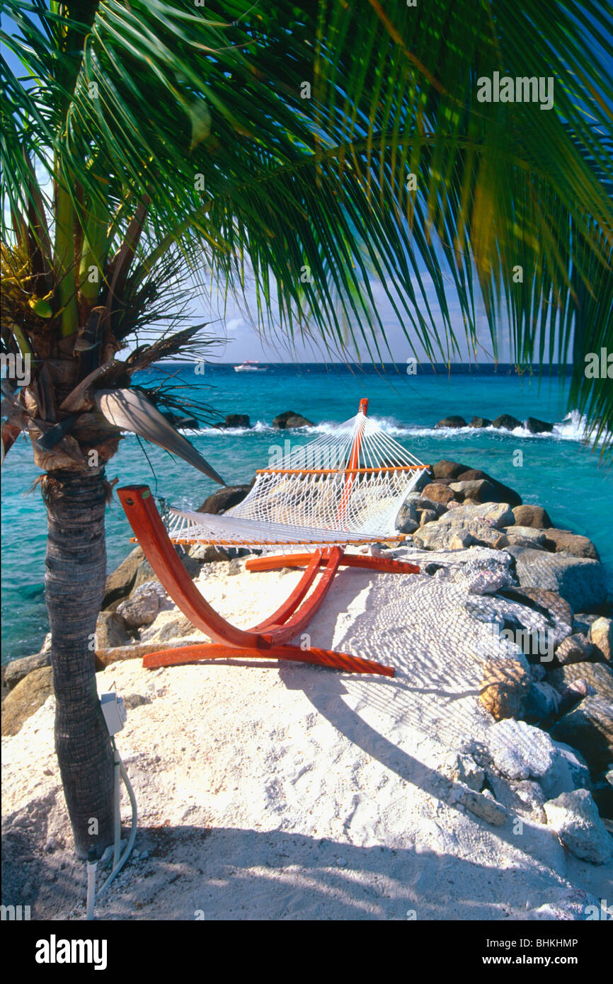 Hammock on a Beach, Renaissance Island, Aruba Stock Photo