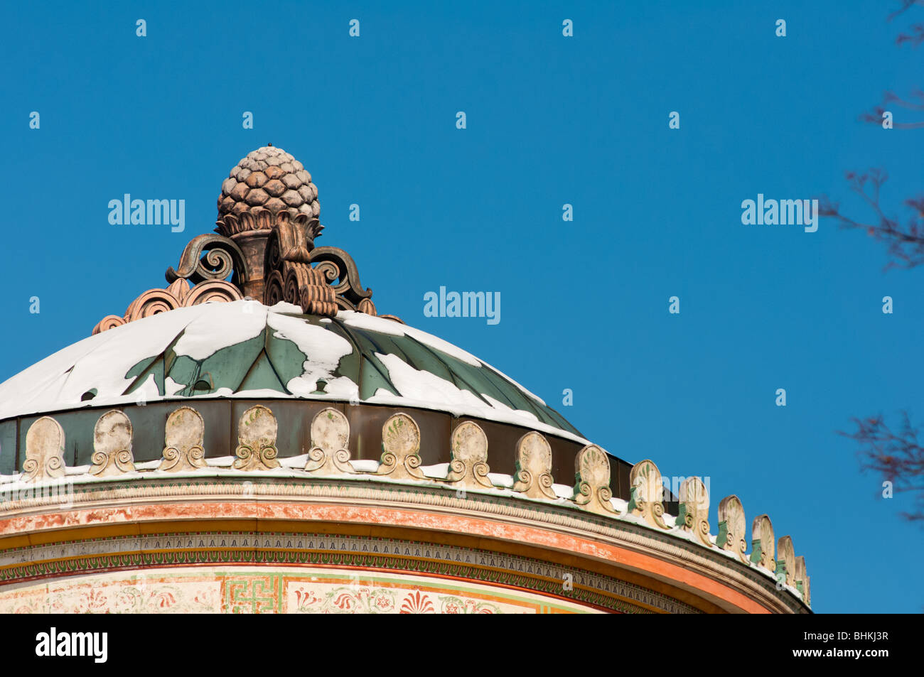 Monopteros with snow covering, in English garden, Munich, Germany. Stock Photo