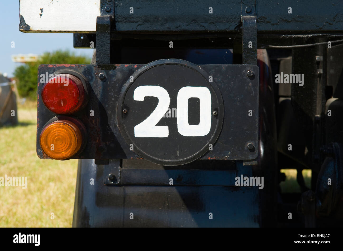 Metal plaque with the number 20 on it on the back on a large lorry Stock Photo