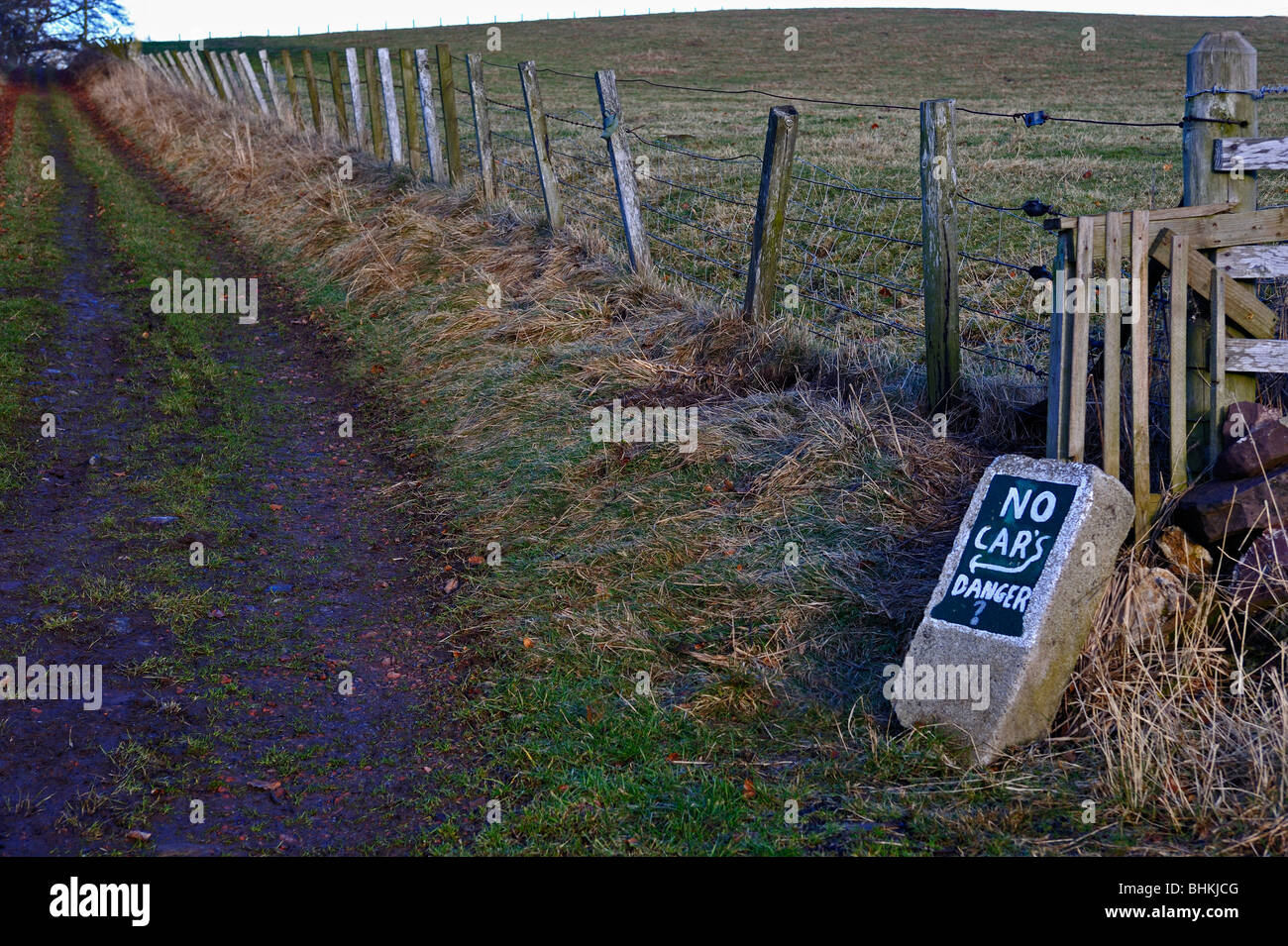 'NO CAR'S DANGER ?', hand-painted sign. Robiesland Farm, Bonnington, Lanarkshire, Scotland, United Kingdom, Europe. Stock Photo