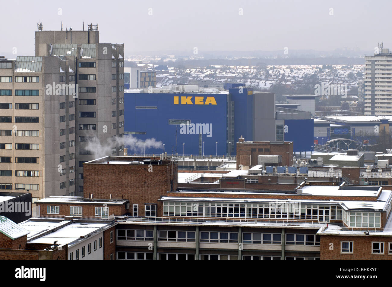 Coventry city centre including Ikea store in winter with snow from Old Cathedral tower, England, UK Stock Photo