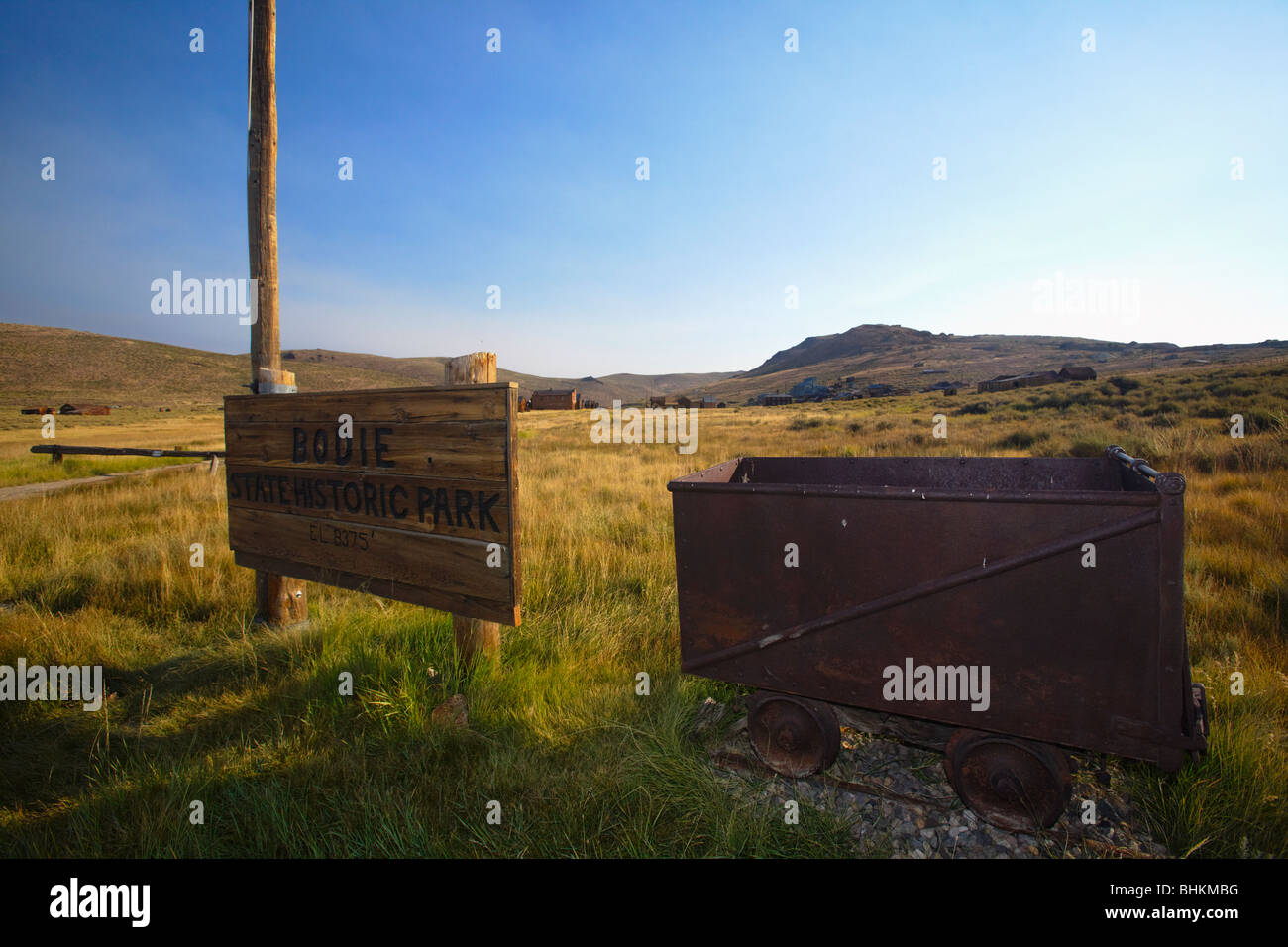 Entrance Sign with Mining Cart, Bodie State Historic Park, California Stock Photo