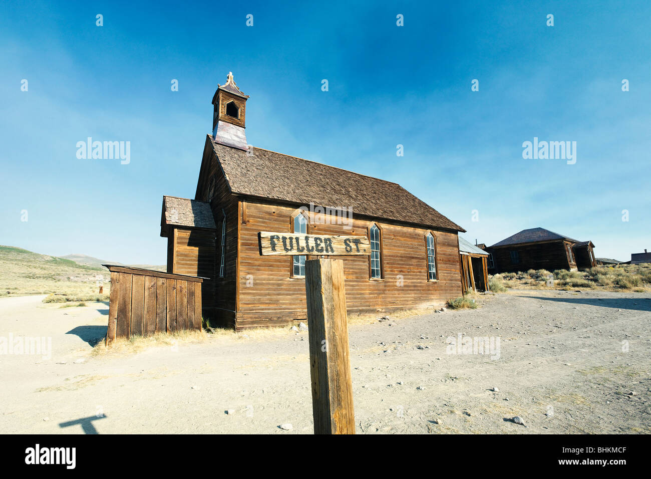 Street Sign and Church, Bodie State Historic Park, California Stock Photo