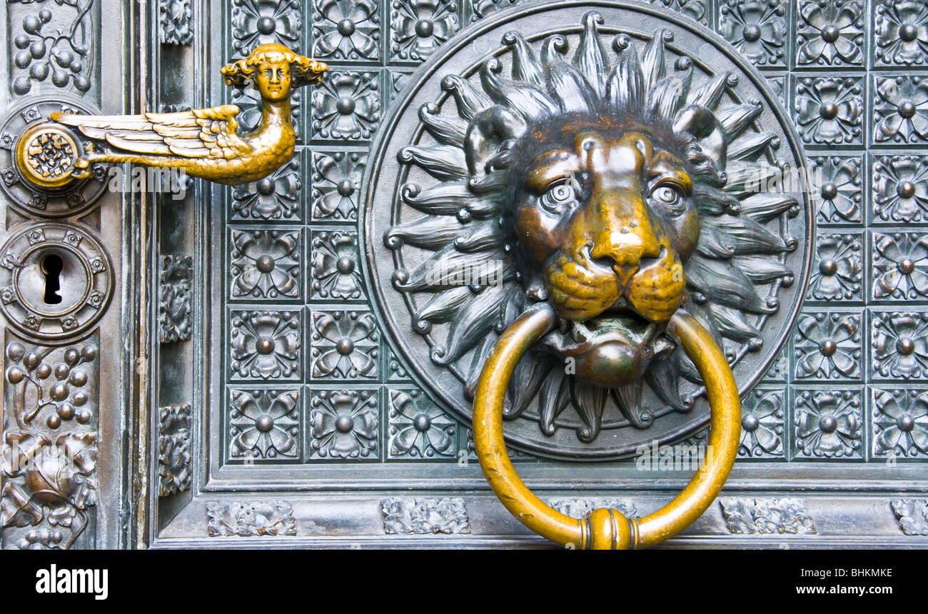 Ornate decorative Lion head door knocker on Cologne Cathedral north Rhine-Westphalia Germany Europe Stock Photo