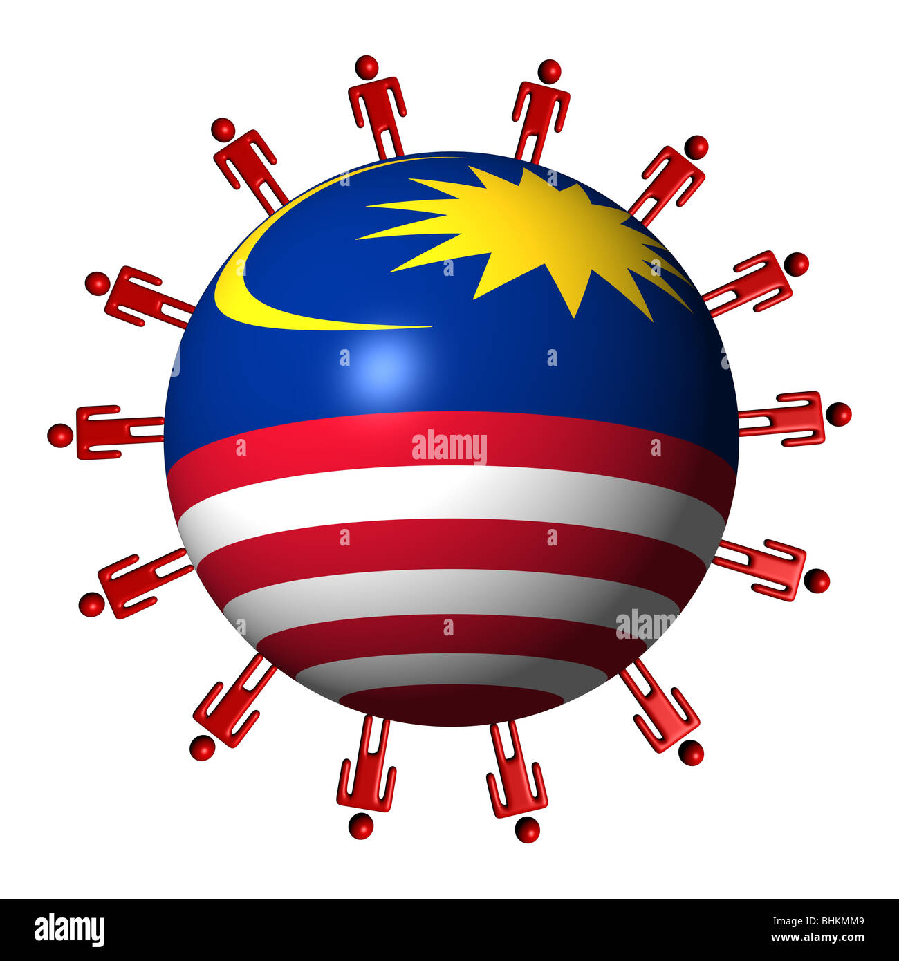 circle of abstract people around Malaysian flag sphere illustration