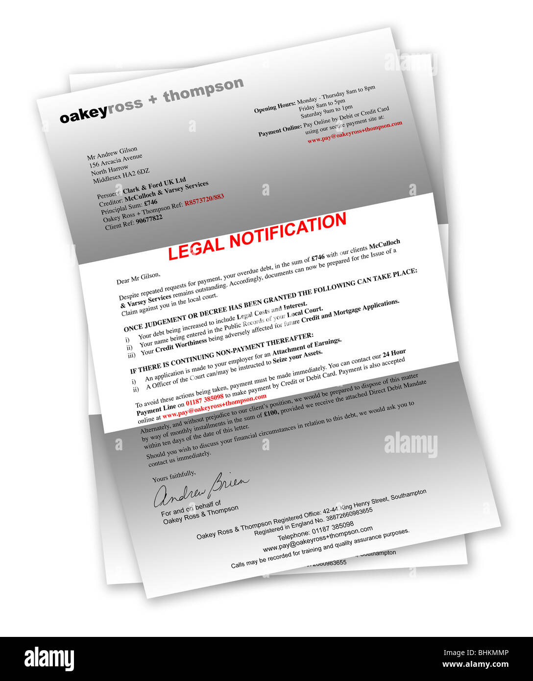 Legal Notification Letter due to unpaid/bad debt. Stock Photo