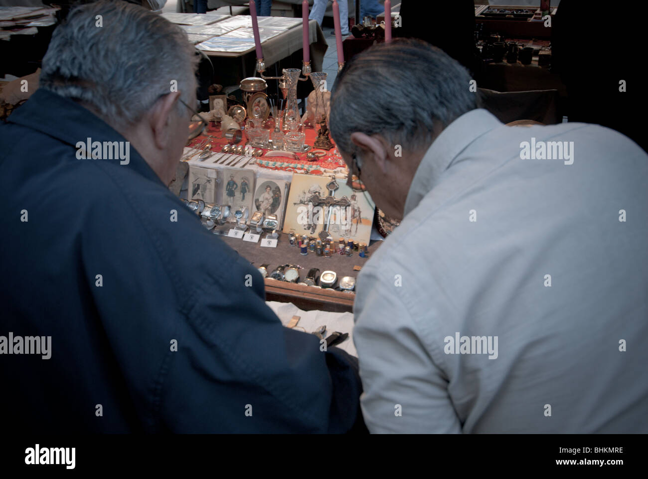 Bric a brac and antiques for sale at a fle market in barcelona. Stock Photo