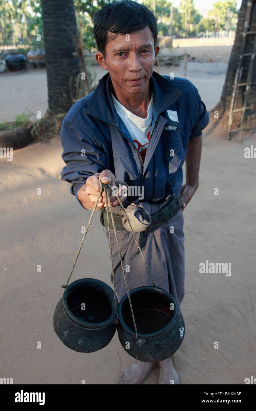 Myanmar, Burma, near Bagan, farmer collecting palm sugar Stock Photo