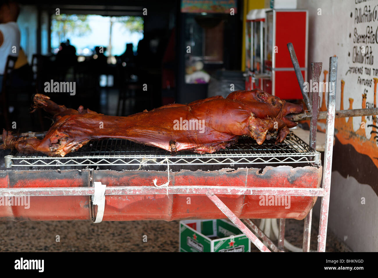 Pig Roast in a Kiosk, Playa Luquillo, Puerto Rico Stock Photo