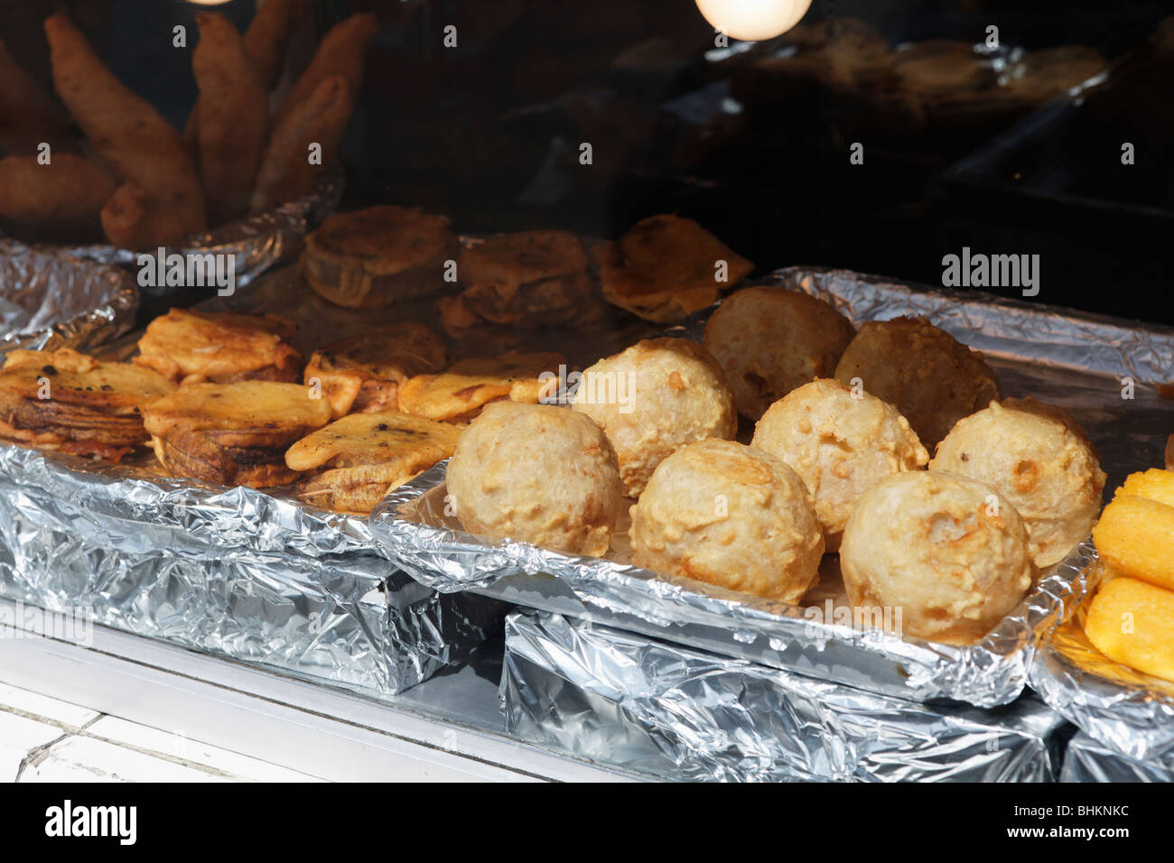 Display of Tasty Fried Food at a Kiosk , Luquillo Beach, Puerto Rico Stock Photo