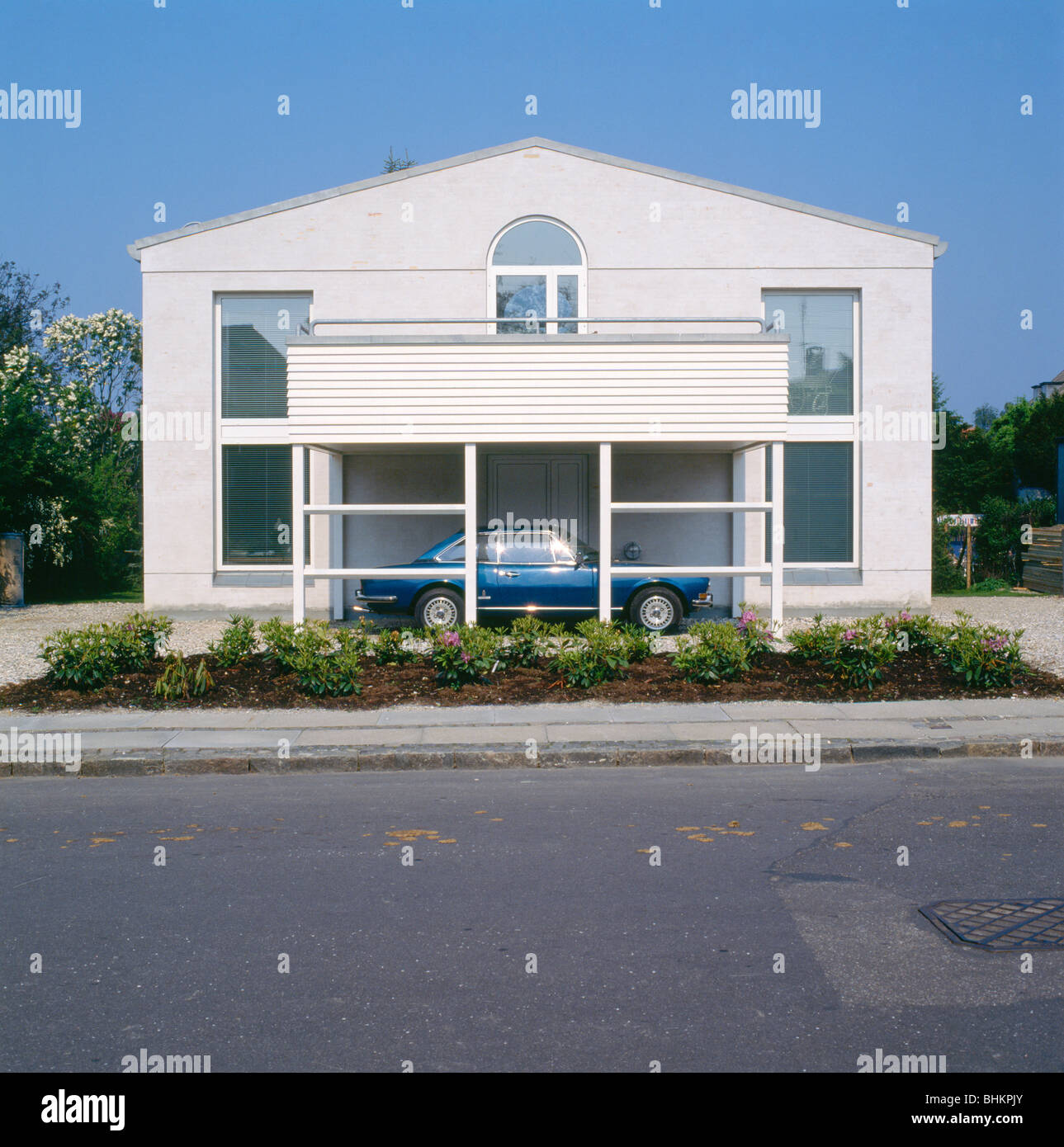 Modern Danish White House With Car In Integral Car Port Stock
