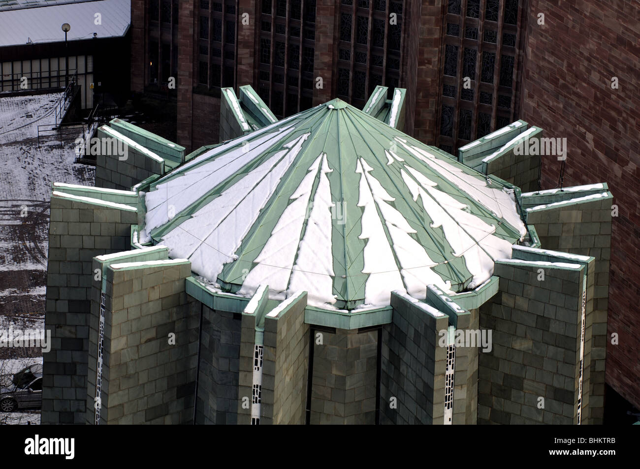 Top of the Chapel of Unity with snow, Coventry Cathedral, England, UK Stock Photo