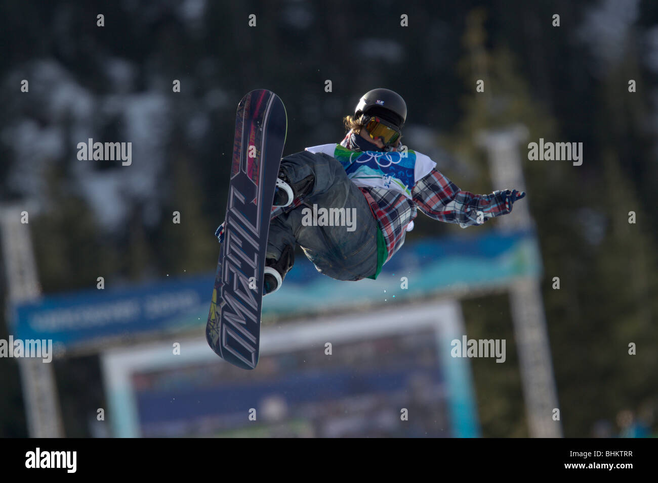 Louie Vito (USA) competing in the Men's Snowboard Halfpipe event at the 2010 Olympic Winter Games Stock Photo