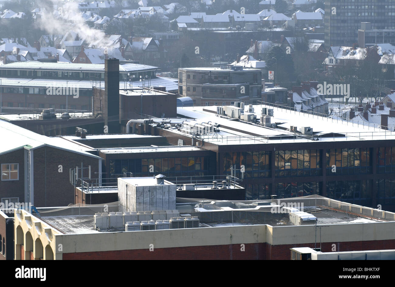 Rooftops with airconditioning units in winter, Coventry city centre