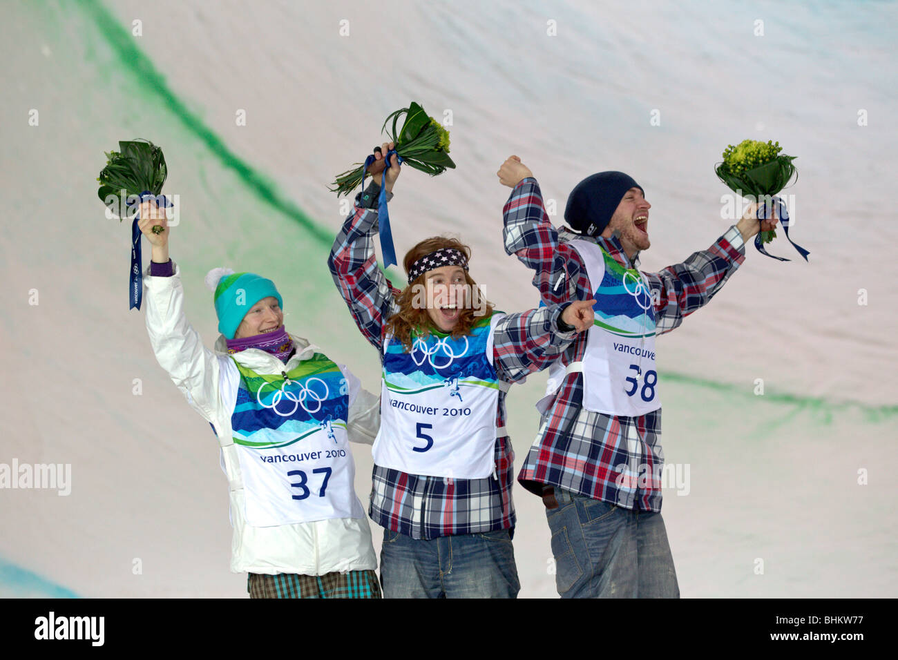 Shaun White (USA), wins the gold medal in the Men's Snowboard Halfpipe event at the 2010 Olympic Winter Games Stock Photo