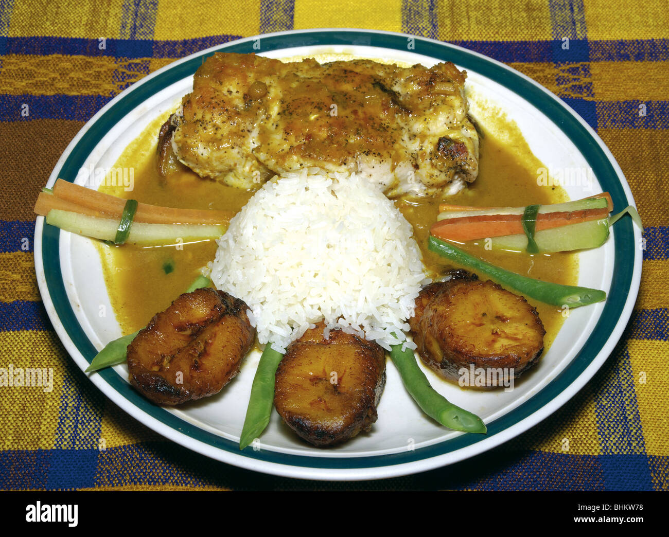 El Salvador. Salvadoran gastronomy. Fish with rice and banana. Stock Photo