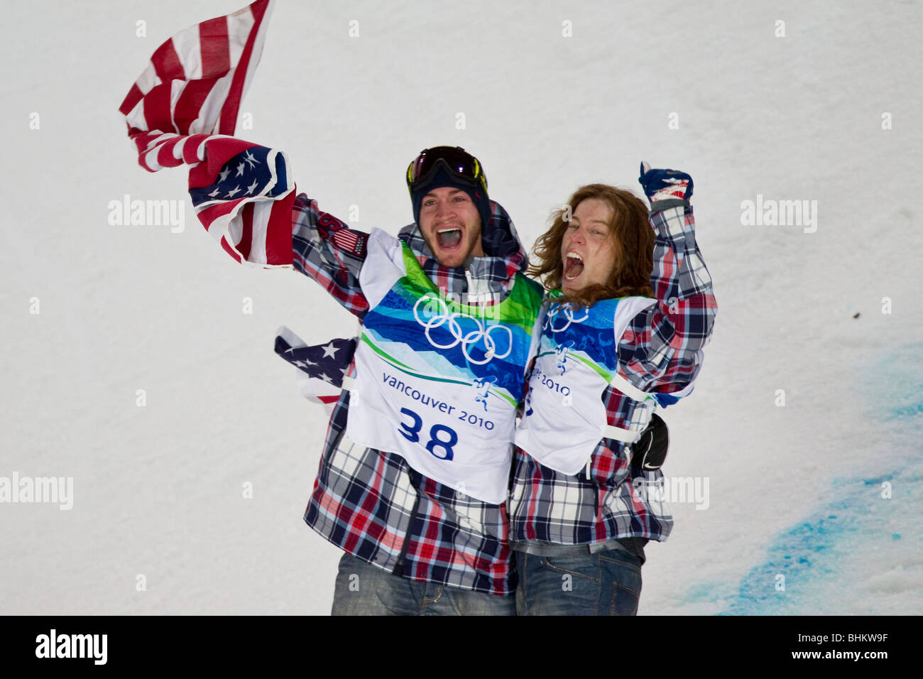 Shaun White (USA), wins the gold and teammate and Scott Lago (USA) wins the bronze in the Men's Snowboard Halfpipe event Stock Photo