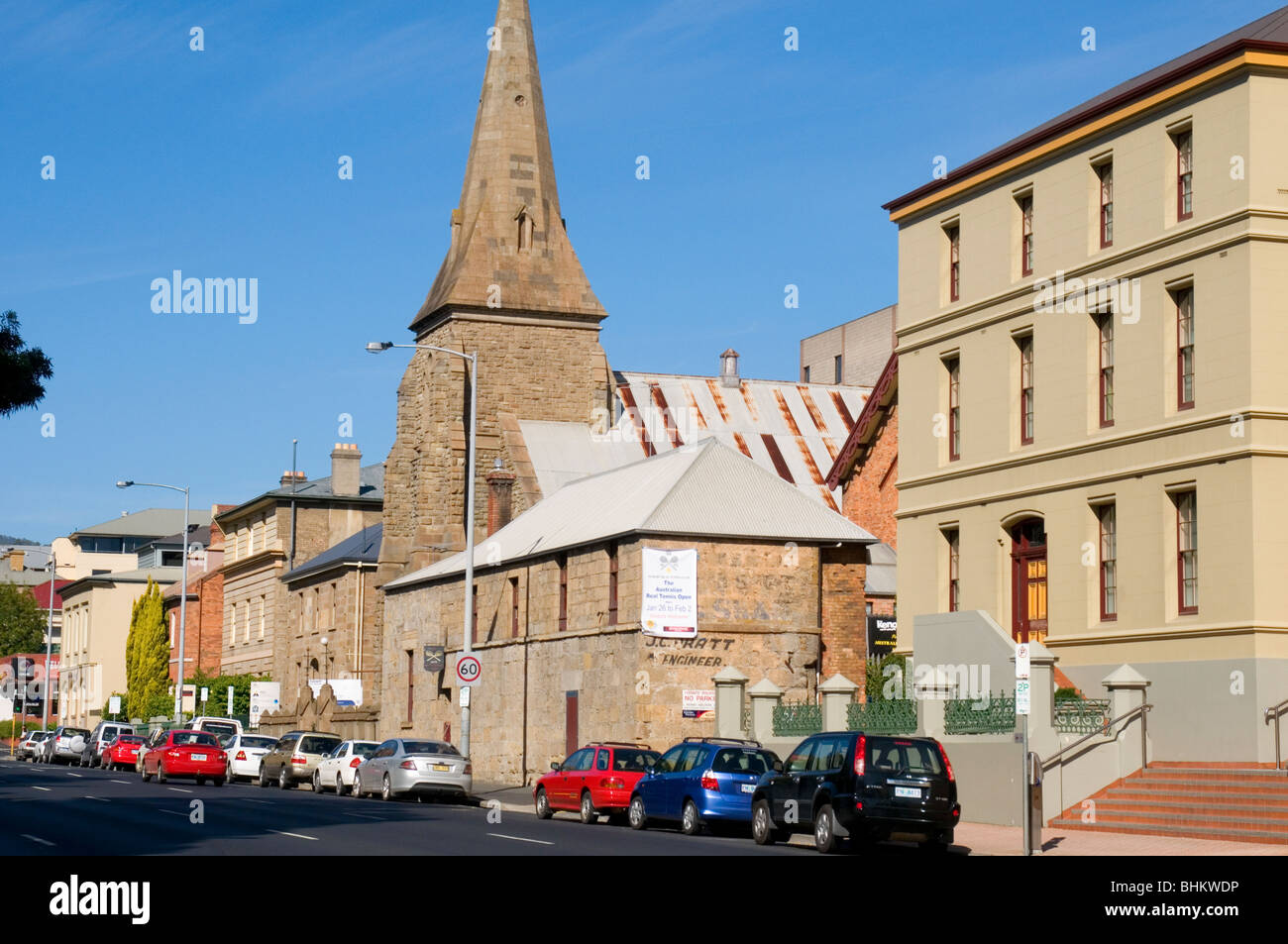 Davey Street with the 1875 Real Tennis Club building in foreground, Hobart, Tasmania Stock Photo