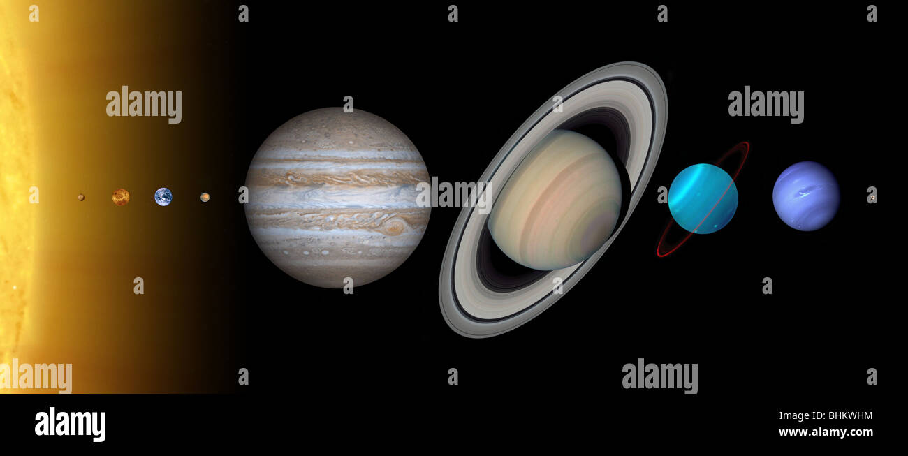 Planets and sun of our Solar System in relative size to each other. The sun is an illustration but planets are optical images Stock Photo