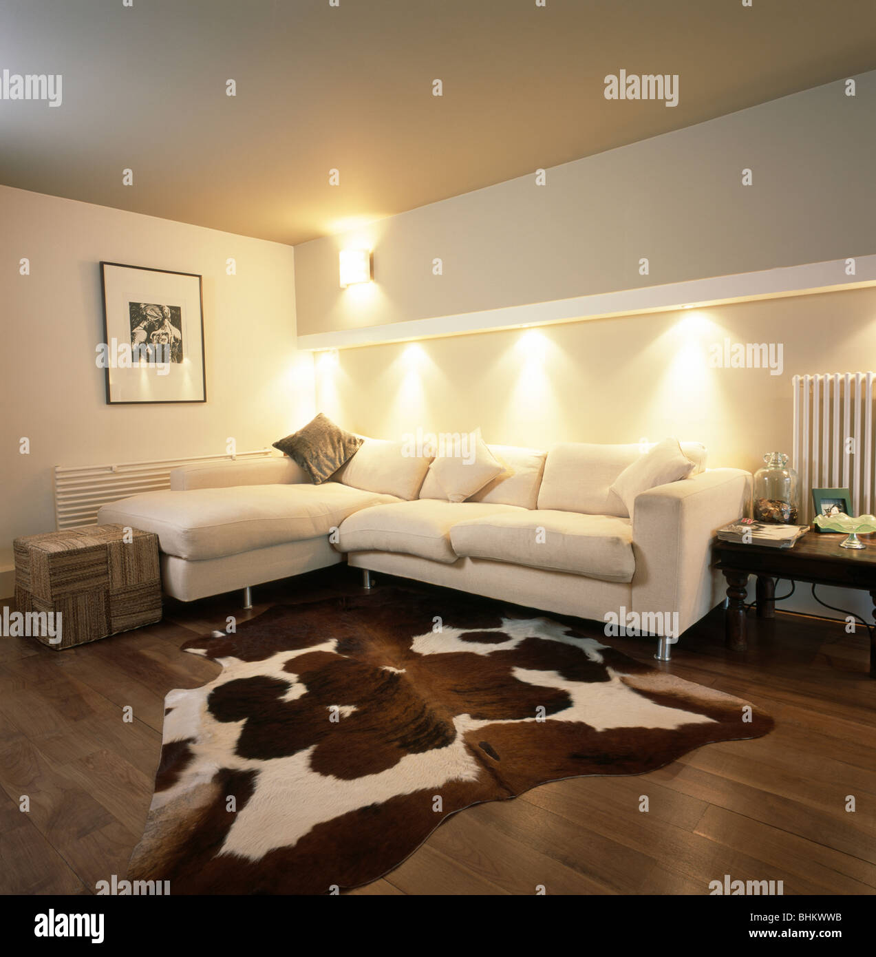 Artificial Cowhide Rug In Modern Living Room With Down Lighting