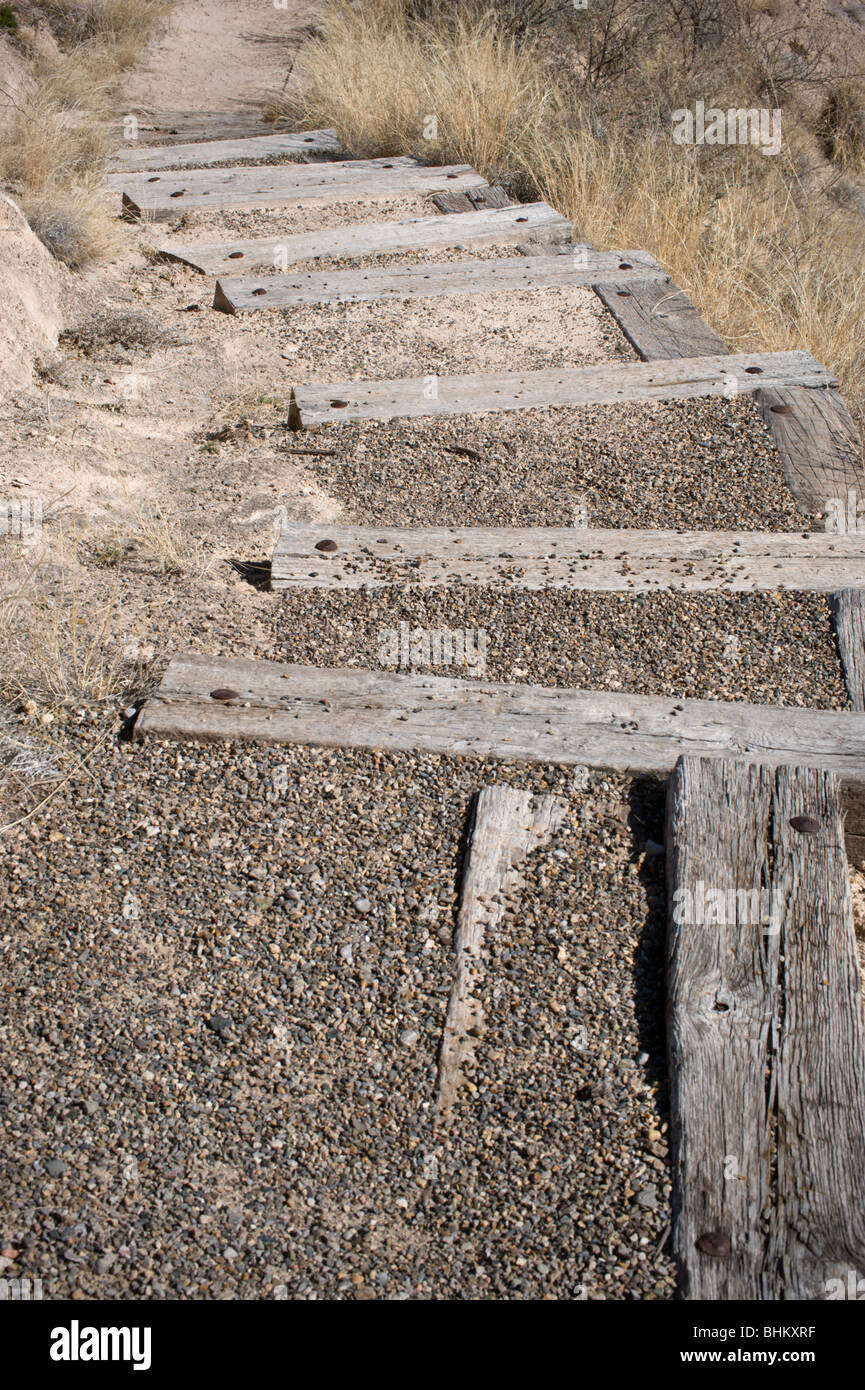 Old railroad ties serve as a stairway to Butterfly Trail, at Bitter Lake National Wildlife Refuge near Roswell, New Mexico. Stock Photo