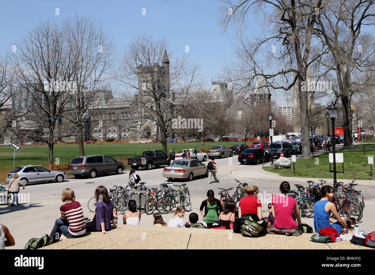 Students sitting on the steps Stock Photo