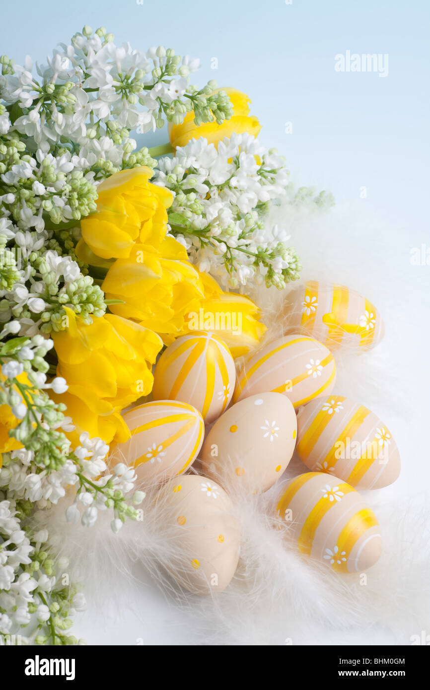 Springtime Flowers And Easter Eggs In Soft Pastel Colors