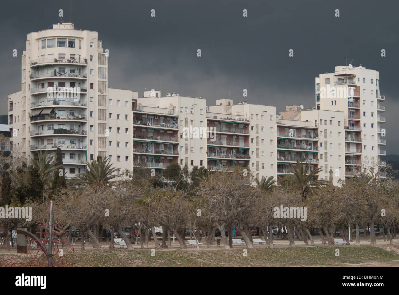 Tower blocks with looming storm approaching. Stock Photo