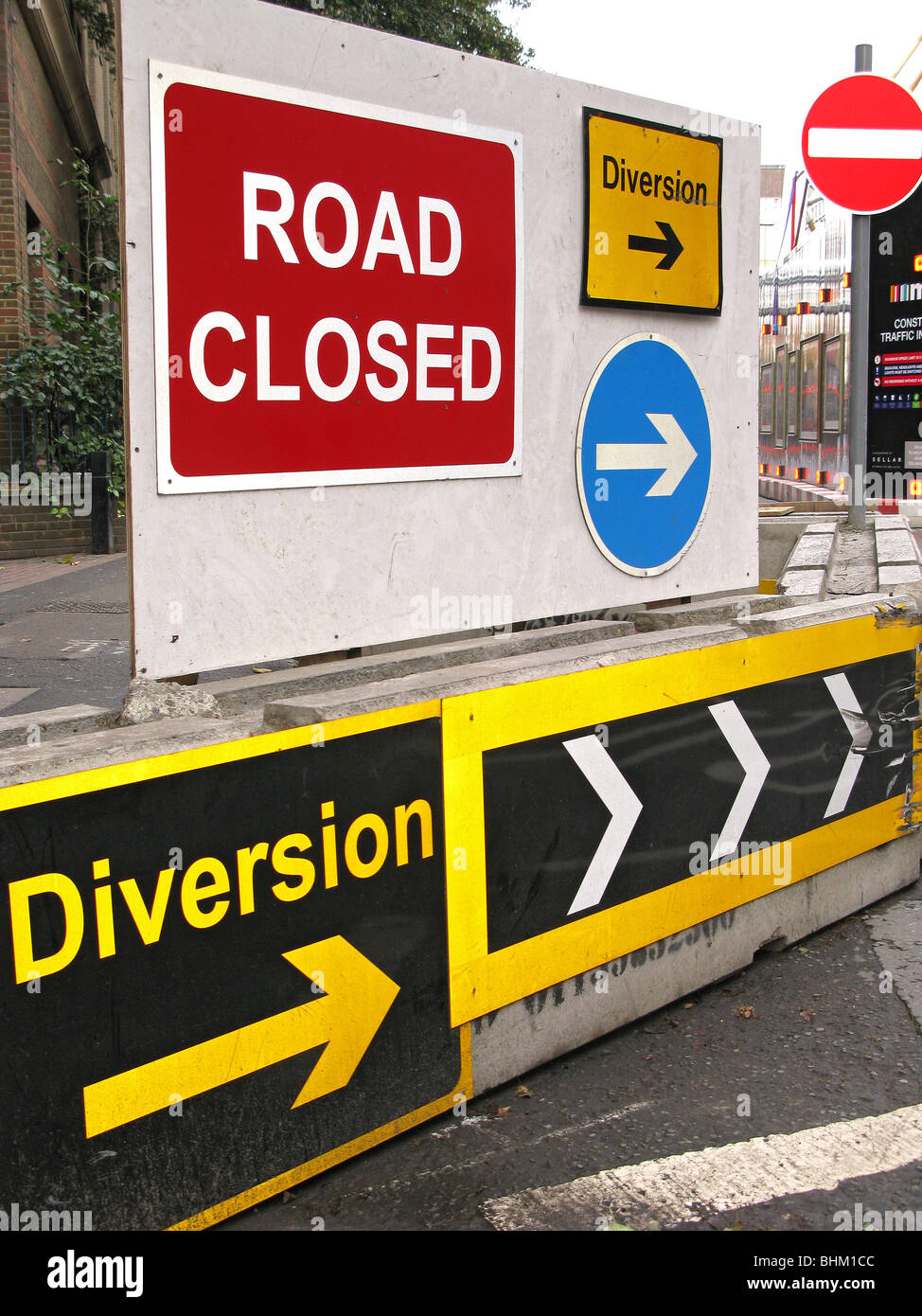 Road signs including road closed, diversion, arrows, no entry and