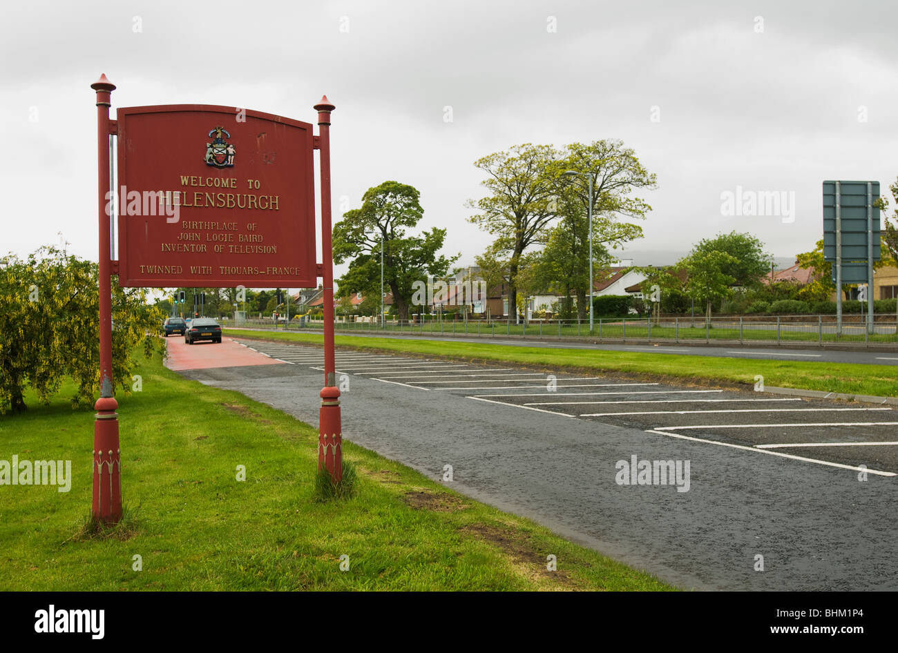 The welcome to Helensburgh sign outside the town of Helensburgh in Argyle and Bute. Stock Photo