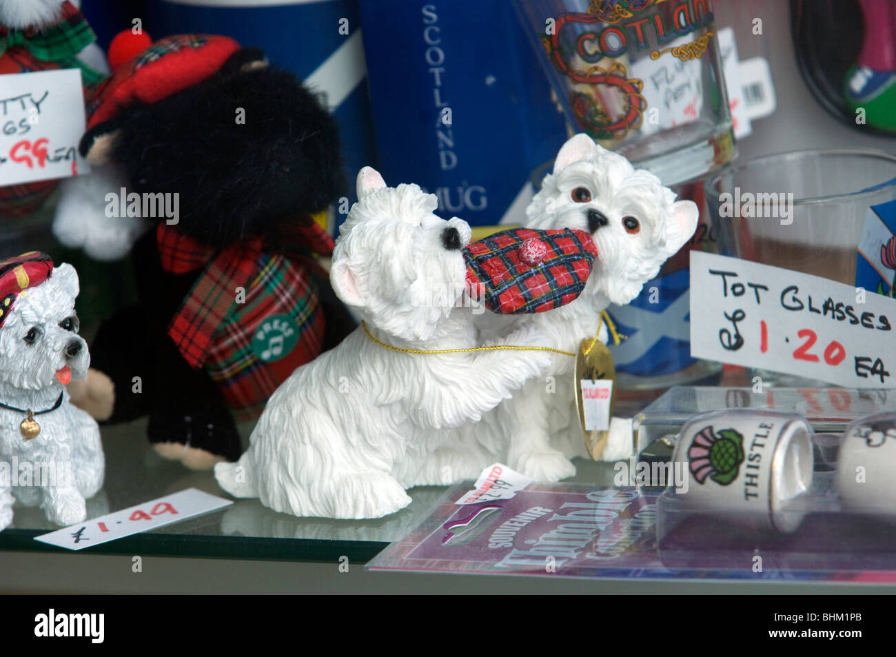 Scottish tourist novelties and souvenirs in the window display of a Helensburgh high street shop. Stock Photo