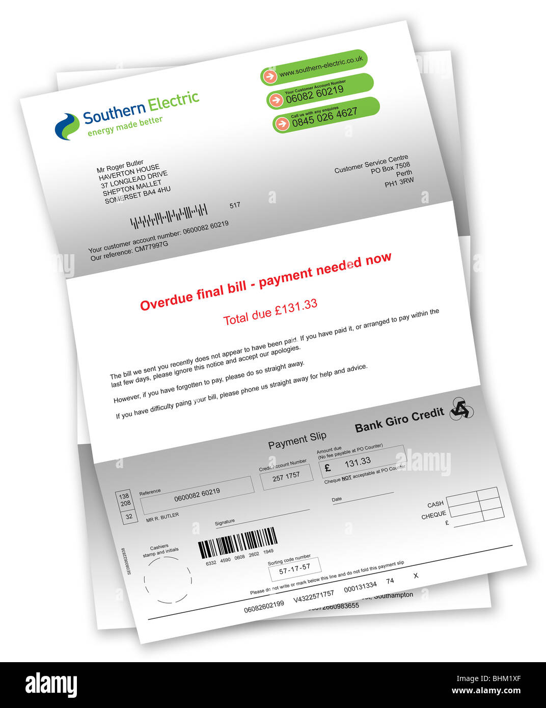 Final Demand/Overdue Payment Letter for unpaid  electricity bill Stock Photo